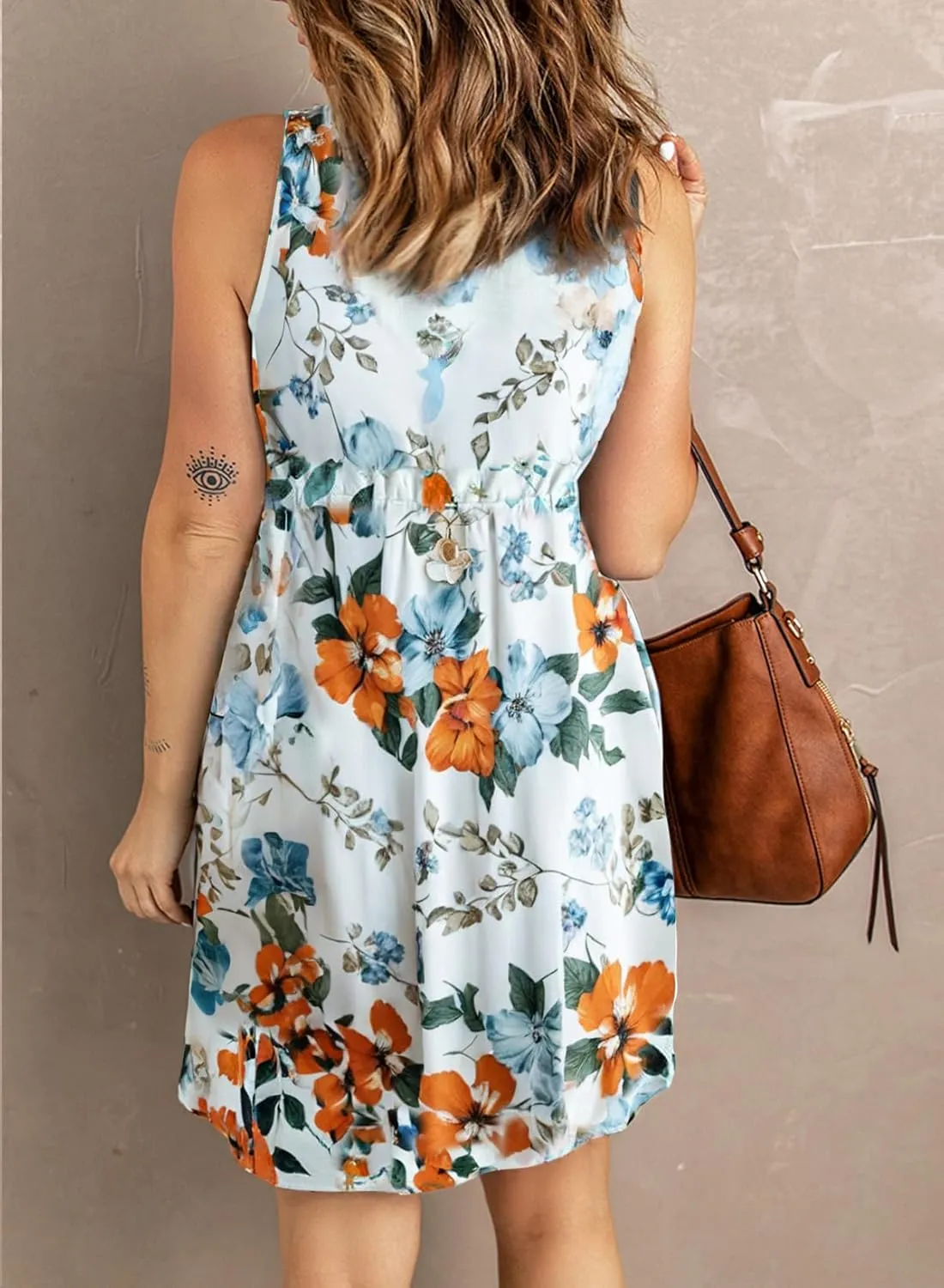 Acelitt Women Summer Casual Sleeveless Button Down Elastic Waist Swing Dresses, XS-2XL
