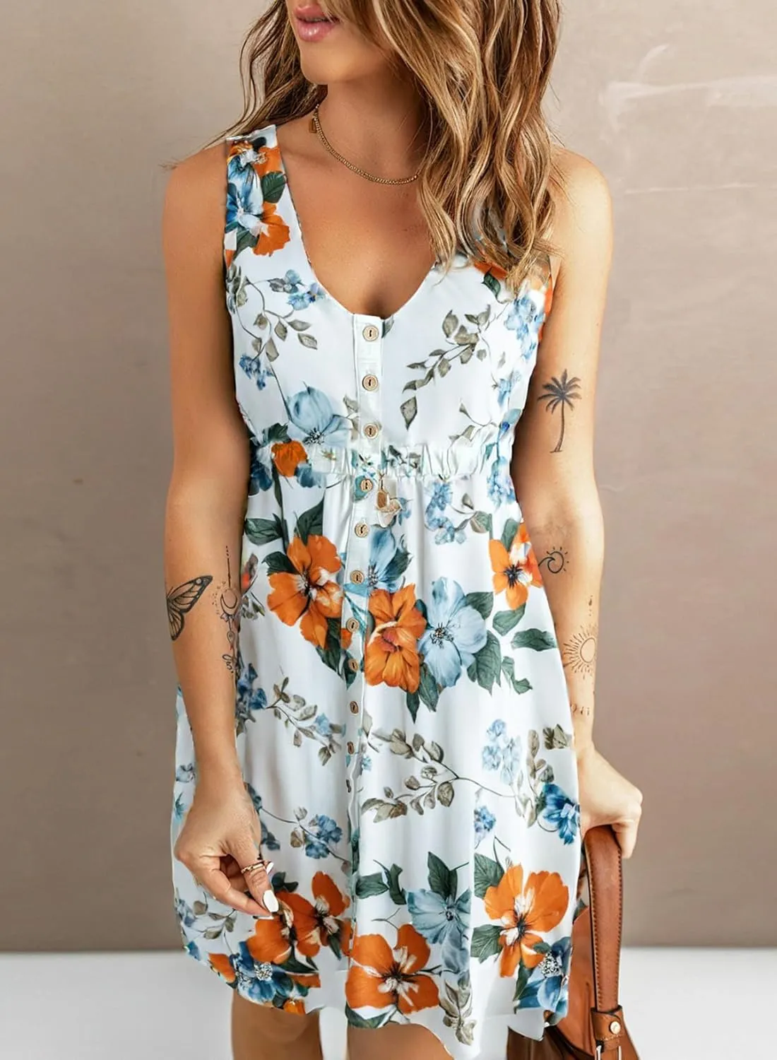 Acelitt Women Summer Casual Sleeveless Button Down Elastic Waist Swing Dresses, XS-2XL