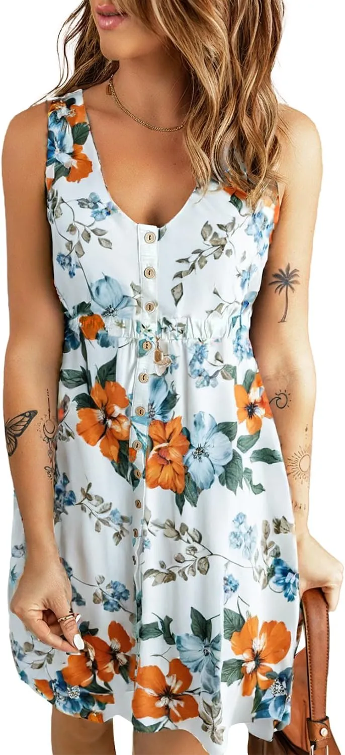Acelitt Women Summer Casual Sleeveless Button Down Elastic Waist Swing Dresses, XS-2XL