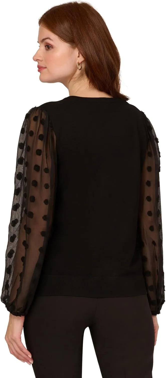 Adrianna Papell Women's V Neck 3/4 Woven Bubble Sleeve Sweater