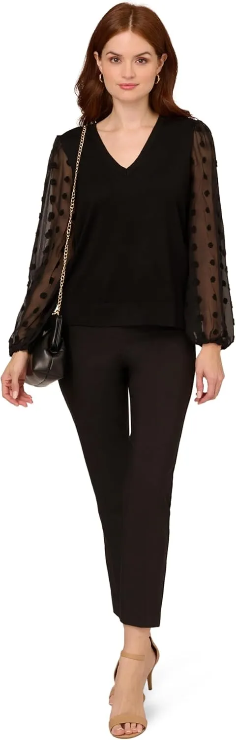 Adrianna Papell Women's V Neck 3/4 Woven Bubble Sleeve Sweater