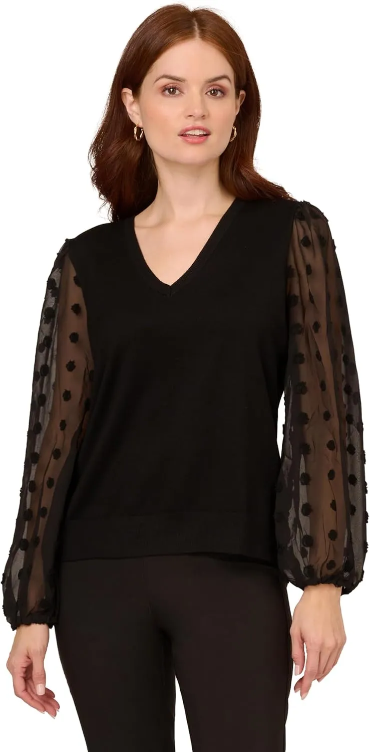 Adrianna Papell Women's V Neck 3/4 Woven Bubble Sleeve Sweater