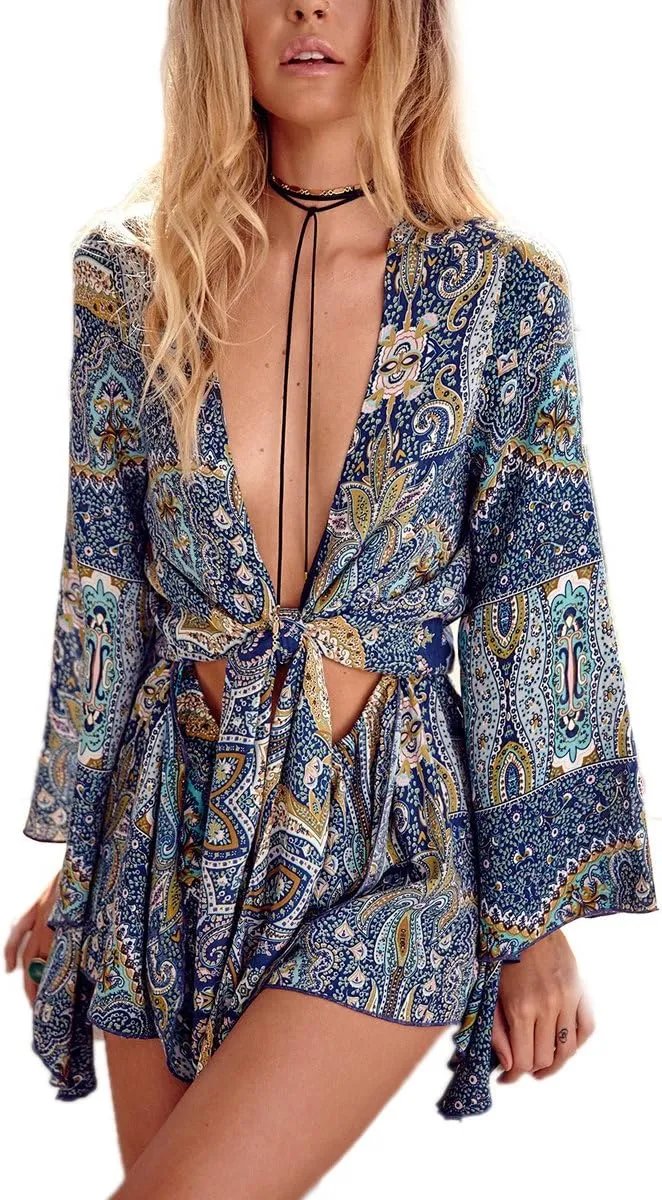 AELSON Women's Boho V Neck Print Romper Playsuit With Long Flare Sleeves