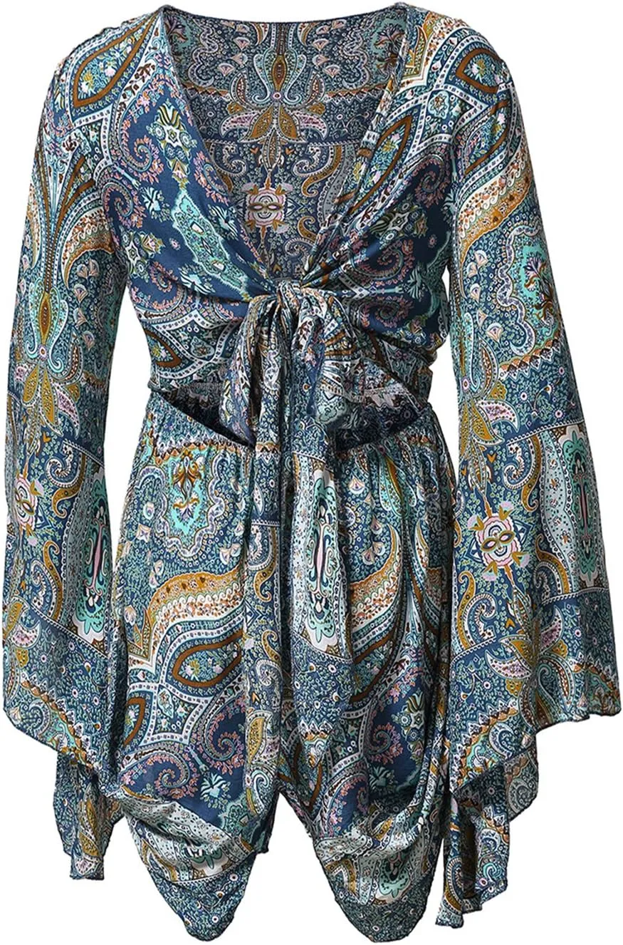 AELSON Women's Boho V Neck Print Romper Playsuit With Long Flare Sleeves