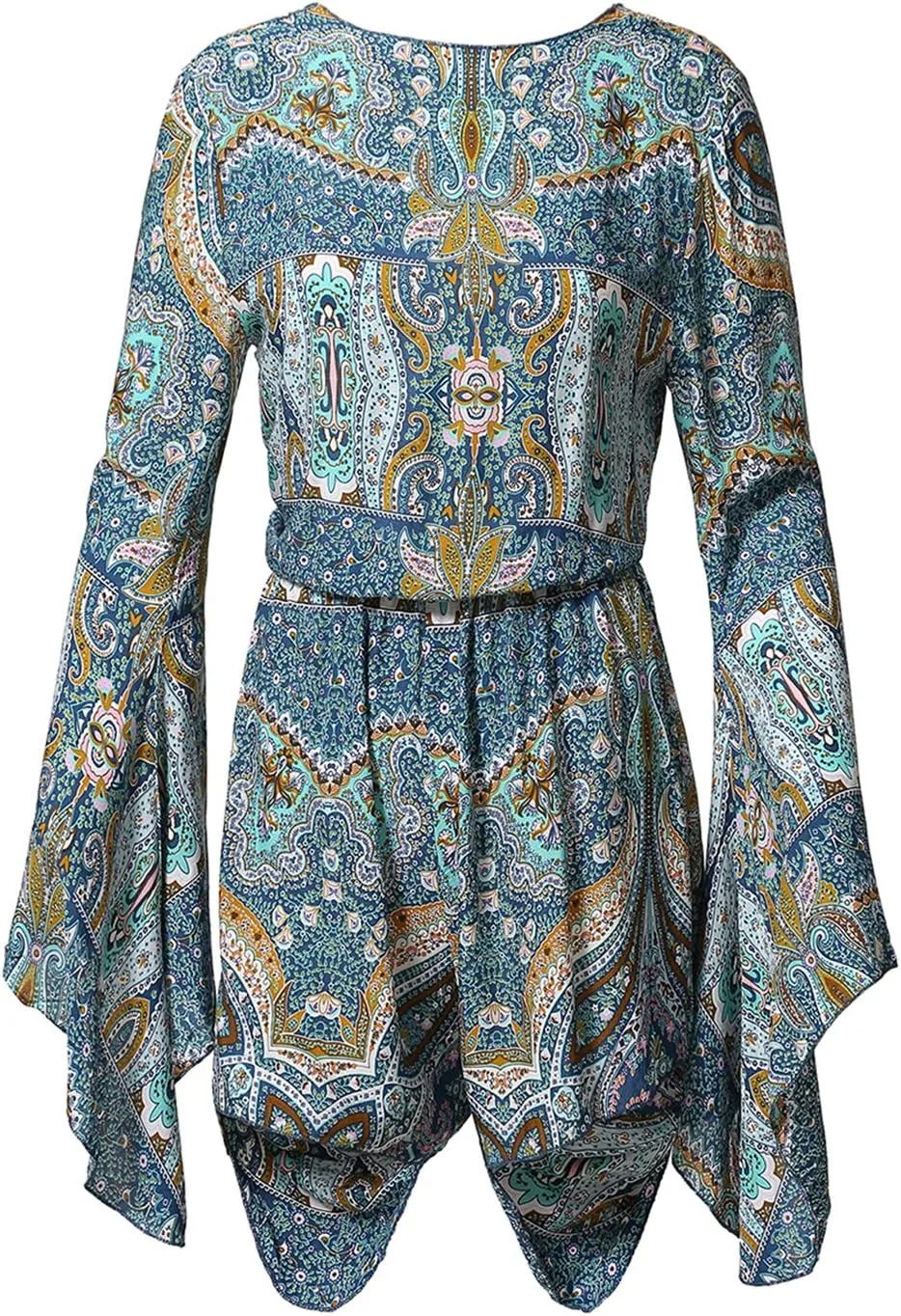 AELSON Women's Boho V Neck Print Romper Playsuit With Long Flare Sleeves