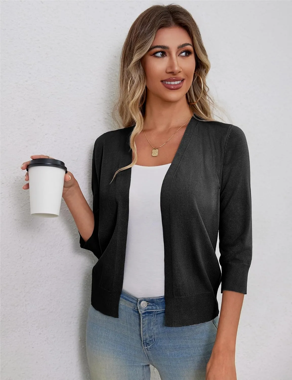 a.Jesdani Women's 3/4 Sleeve Shrugs Open Front Cropped Sweater Cardigan