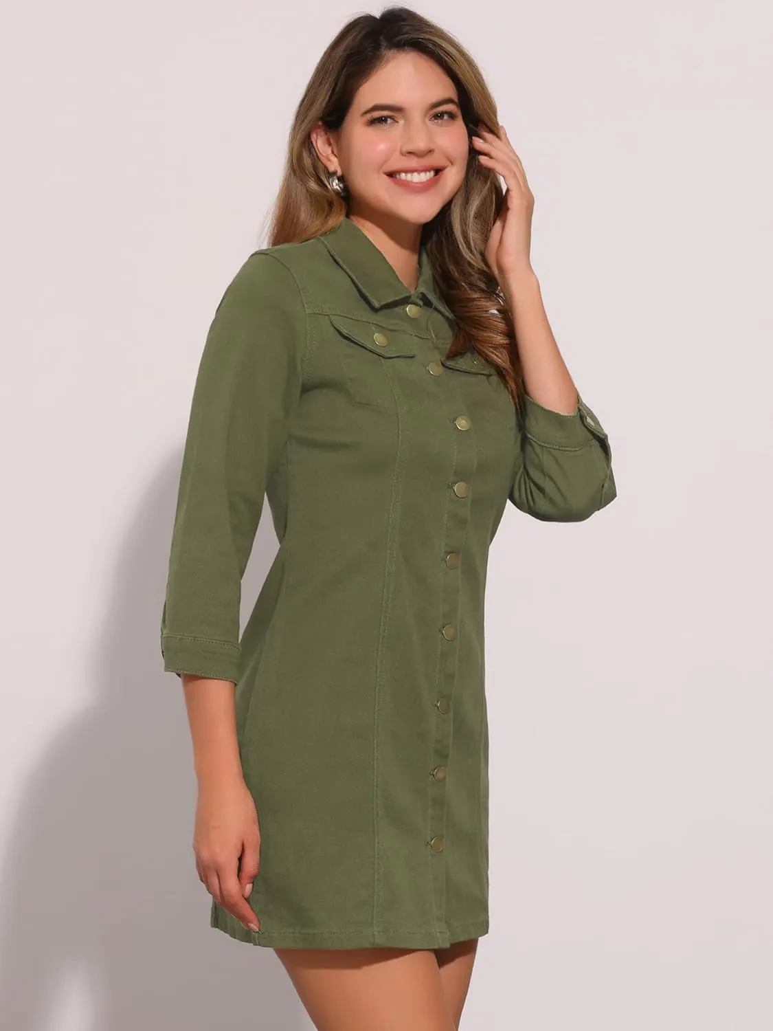Allegra K Women's 3/4 Sleeve Button Down Denim Dress