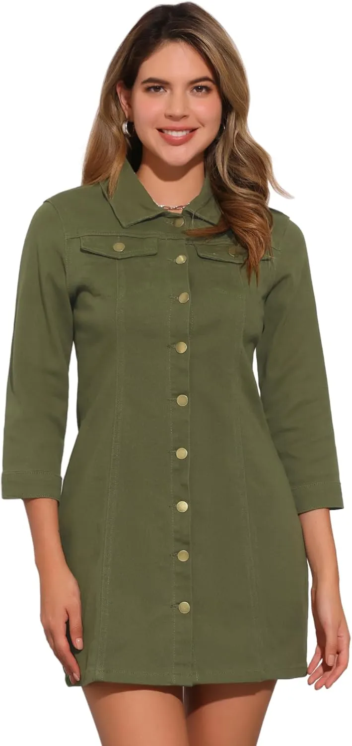 Allegra K Women's 3/4 Sleeve Button Down Denim Dress