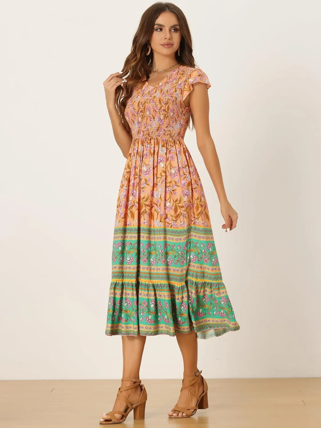 Allegra K Women's Boho Floral Dress Ruffled Flutter Sleeve Smocked Midi Dress