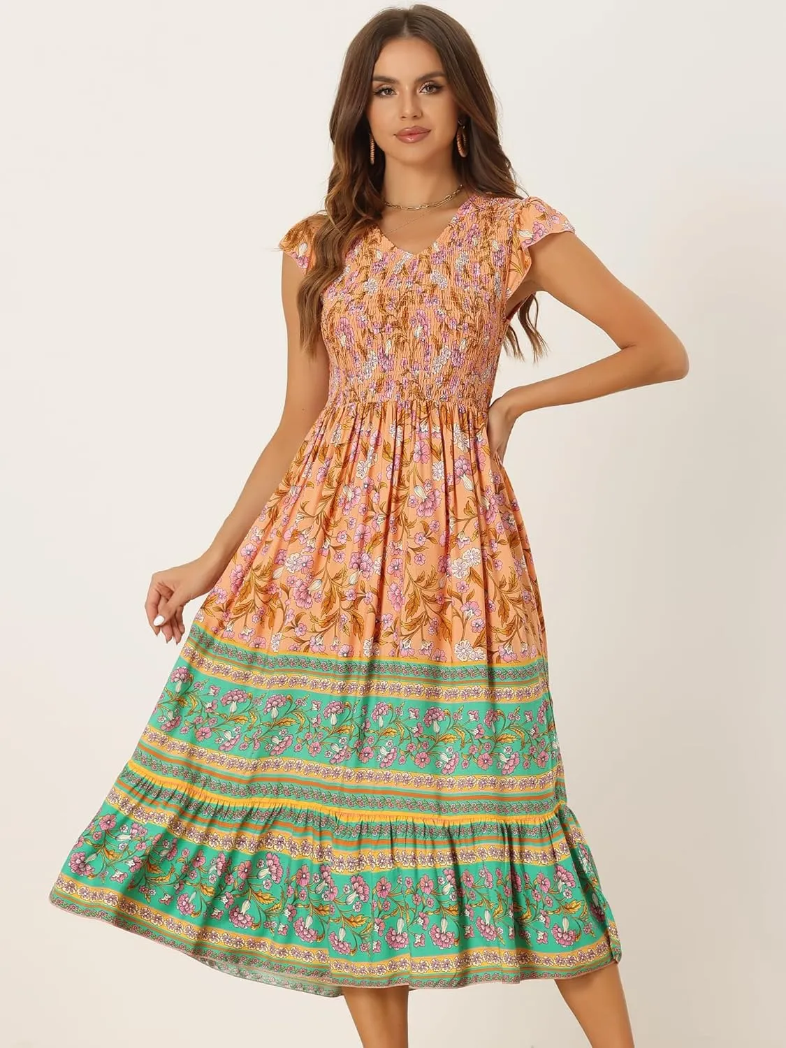 Allegra K Women's Boho Floral Dress Ruffled Flutter Sleeve Smocked Midi Dress