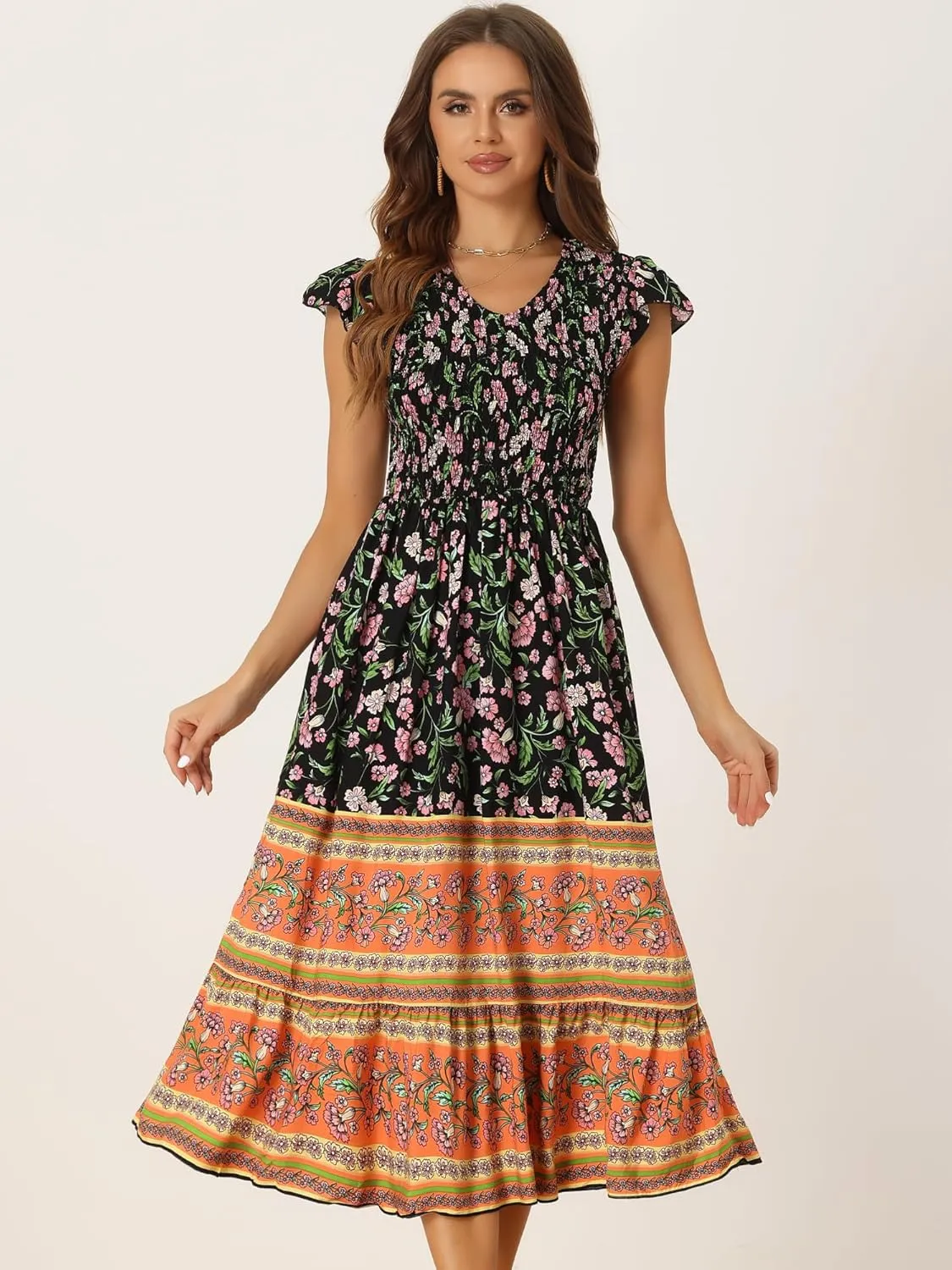 Allegra K Women's Boho Floral Dress Ruffled Flutter Sleeve Smocked Midi Dress