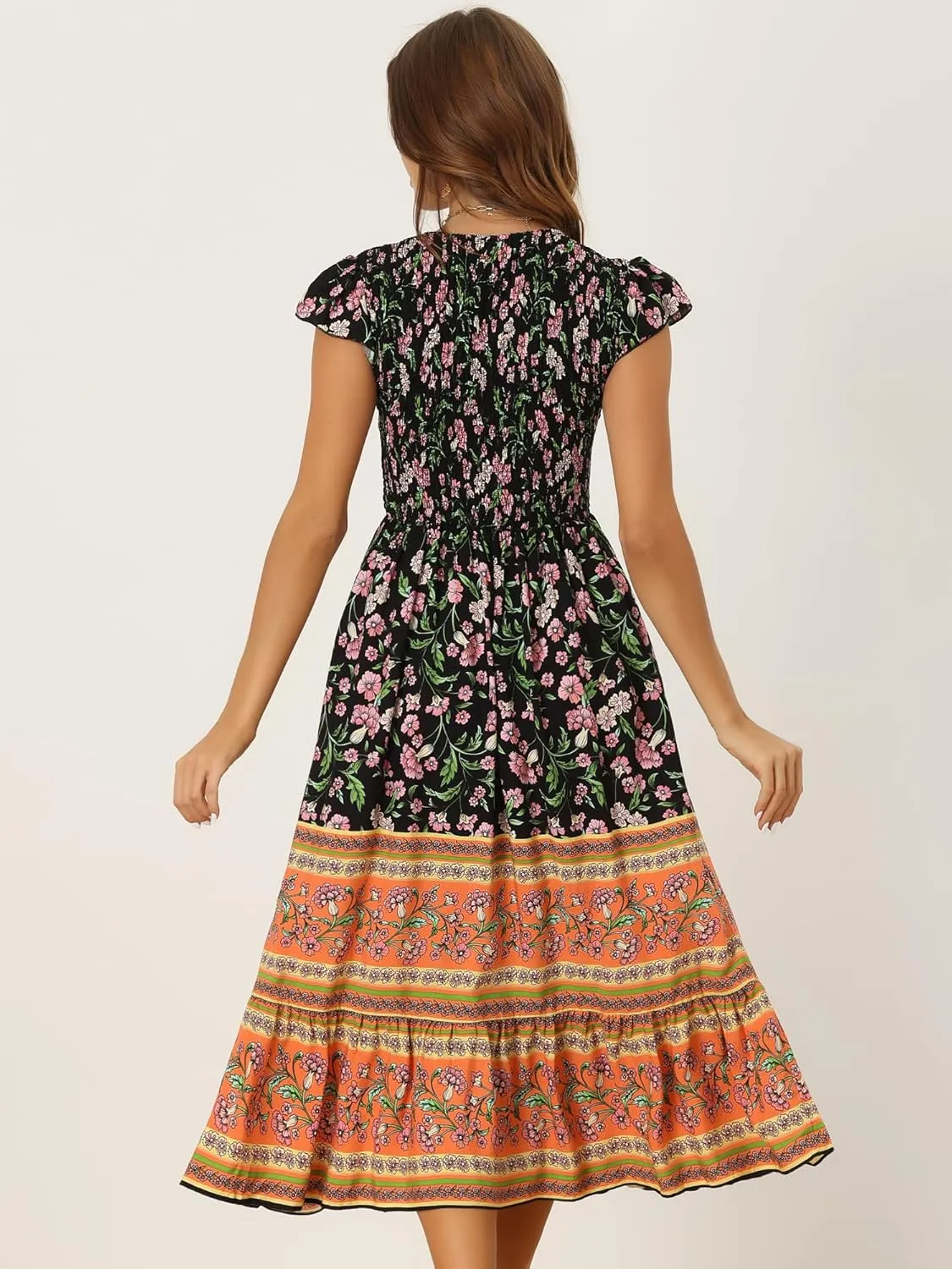 Allegra K Women's Boho Floral Dress Ruffled Flutter Sleeve Smocked Midi Dress