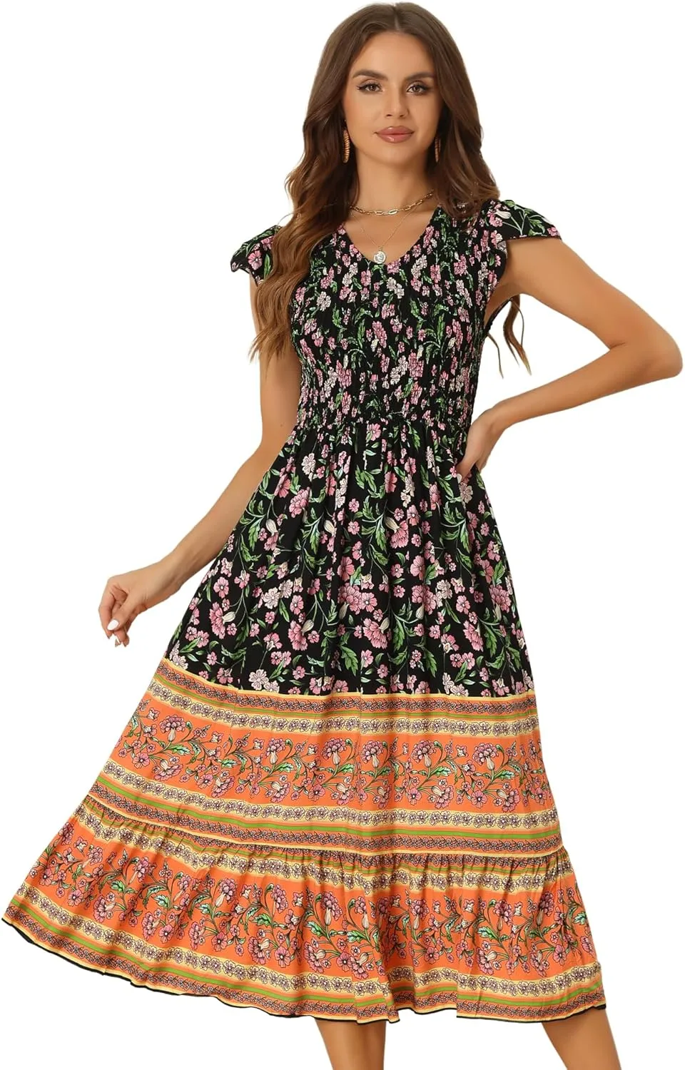 Allegra K Women's Boho Floral Dress Ruffled Flutter Sleeve Smocked Midi Dress