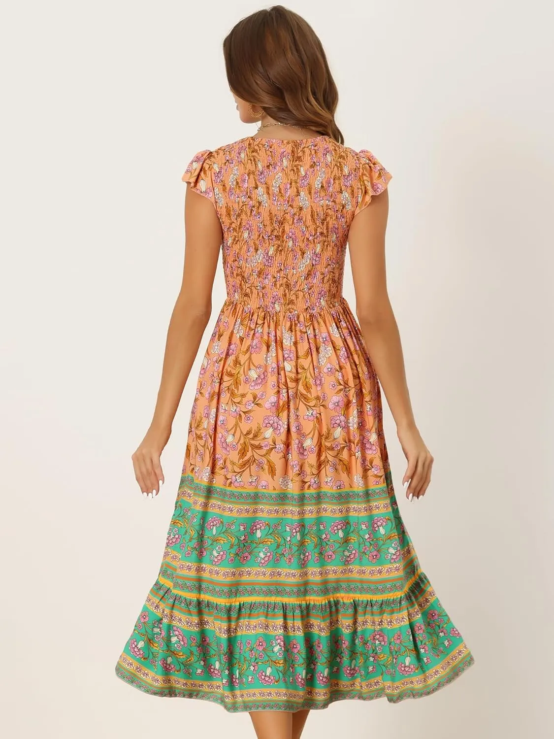 Allegra K Women's Boho Floral Dress Ruffled Flutter Sleeve Smocked Midi Dress