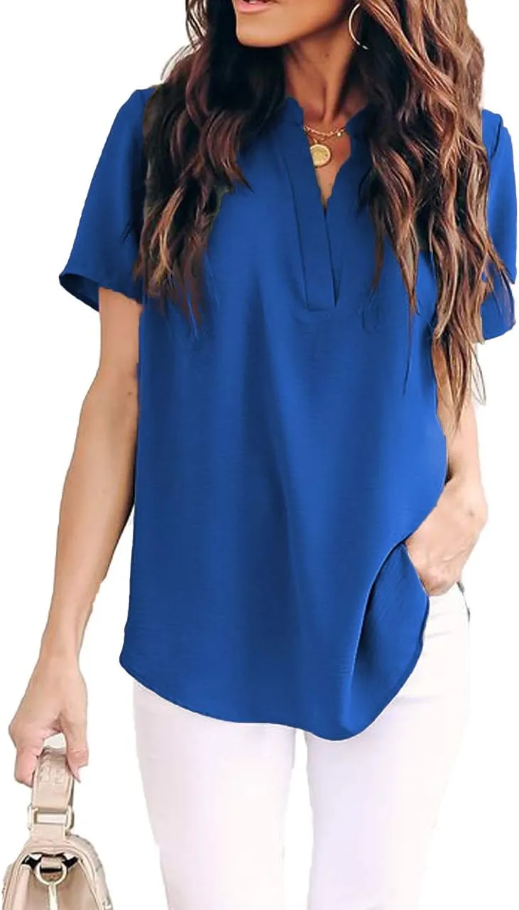 Allimy Women Summer Casual Split V Neckline Chiffon Blouses Loose Tunic Short Sleeve Tops