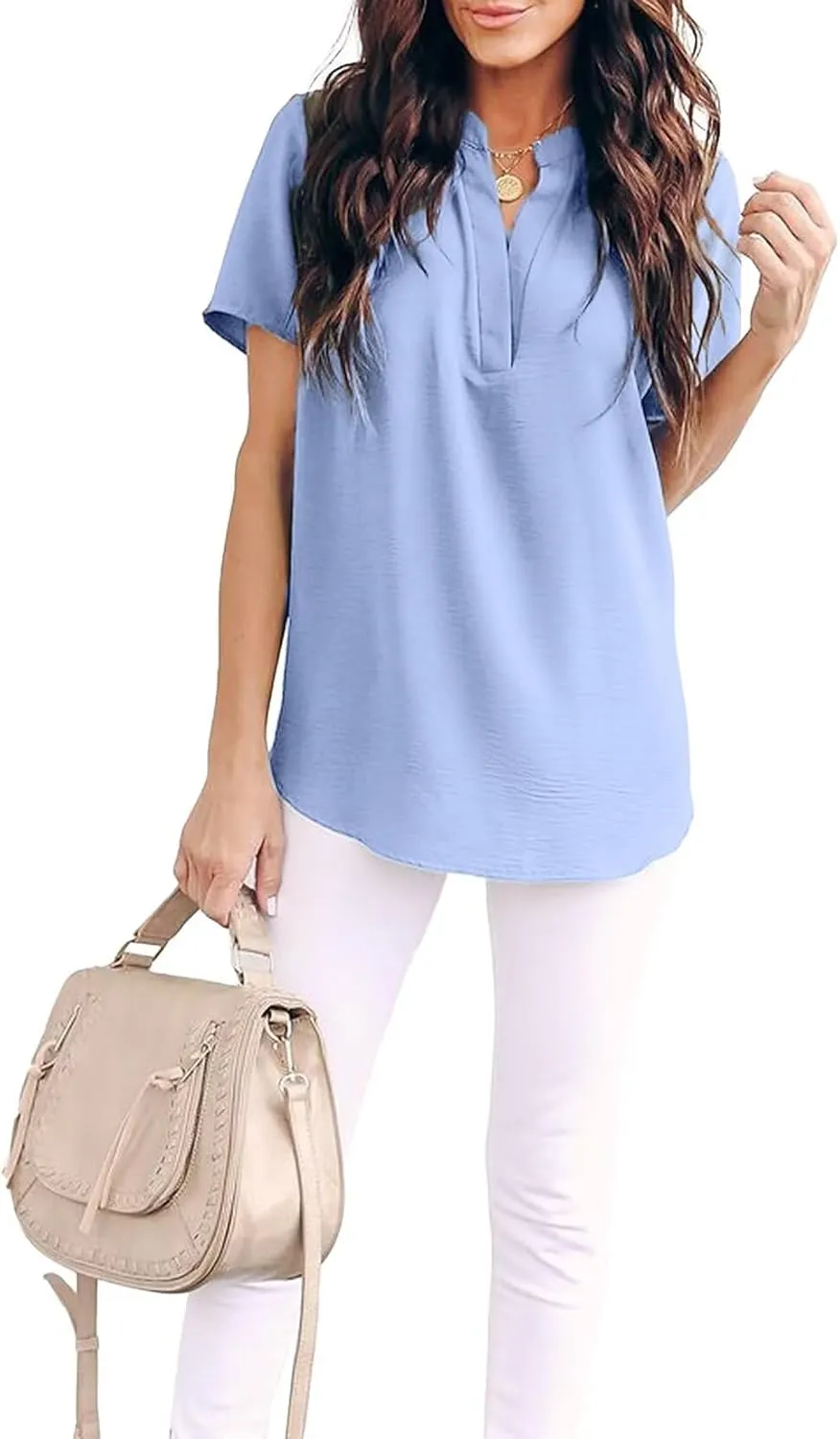 Allimy Women Summer Casual Split V Neckline Chiffon Blouses Loose Tunic Short Sleeve Tops