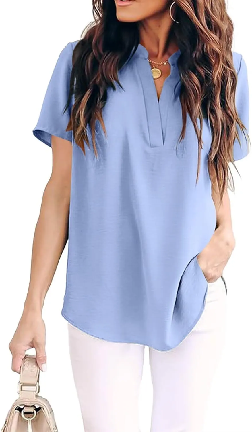 Allimy Women Summer Casual Split V Neckline Chiffon Blouses Loose Tunic Short Sleeve Tops