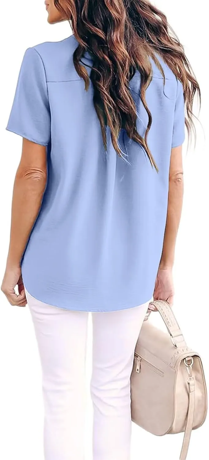 Allimy Women Summer Casual Split V Neckline Chiffon Blouses Loose Tunic Short Sleeve Tops