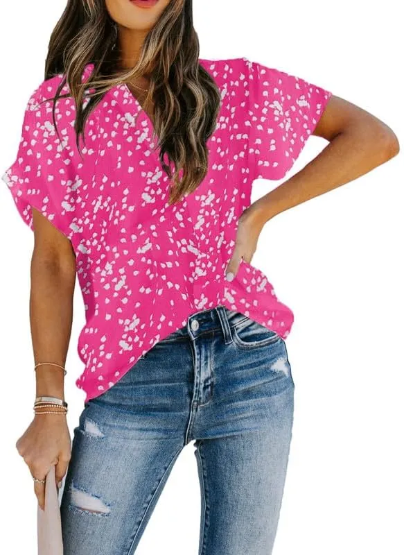 Allimy Women Summer Casual Split V Neckline Floral Chiffon Blouses Loose Tunic Short Sleeve Tops