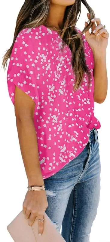 Allimy Women Summer Casual Split V Neckline Floral Chiffon Blouses Loose Tunic Short Sleeve Tops