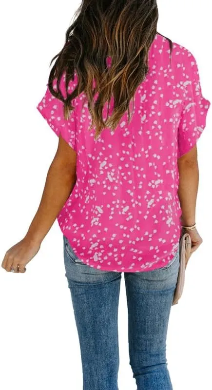 Allimy Women Summer Casual Split V Neckline Floral Chiffon Blouses Loose Tunic Short Sleeve Tops