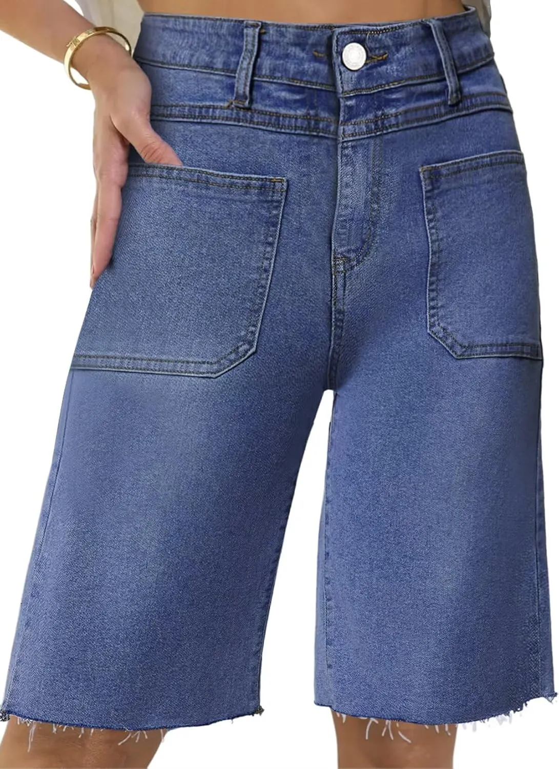 Allimy Womens Front Pockets Denim Long Shorts Jorts Cargo Baggy Bermuda Jean Shorts Knee Length