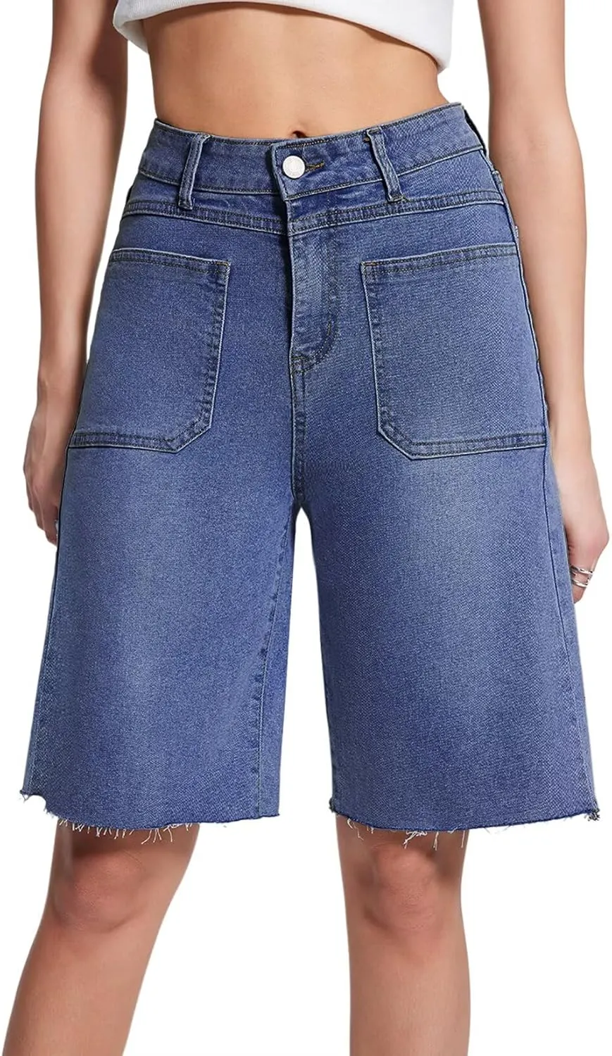 Allimy Womens Front Pockets Denim Long Shorts Jorts Cargo Baggy Bermuda Jean Shorts Knee Length