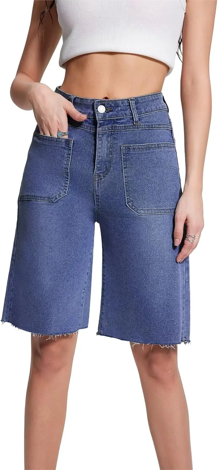 Allimy Womens Front Pockets Denim Long Shorts Jorts Cargo Baggy Bermuda Jean Shorts Knee Length