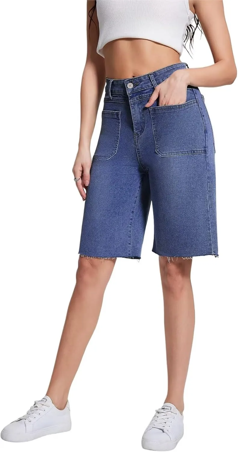 Allimy Womens Front Pockets Denim Long Shorts Jorts Cargo Baggy Bermuda Jean Shorts Knee Length