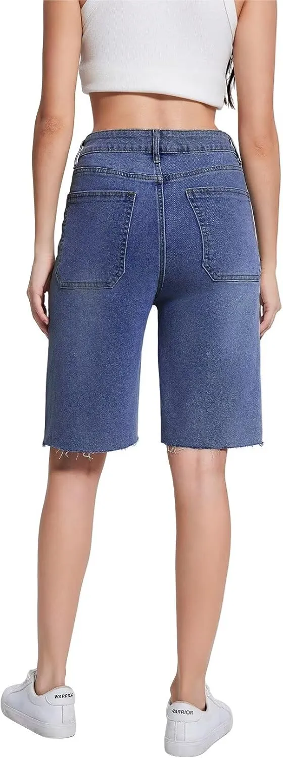 Allimy Womens Front Pockets Denim Long Shorts Jorts Cargo Baggy Bermuda Jean Shorts Knee Length