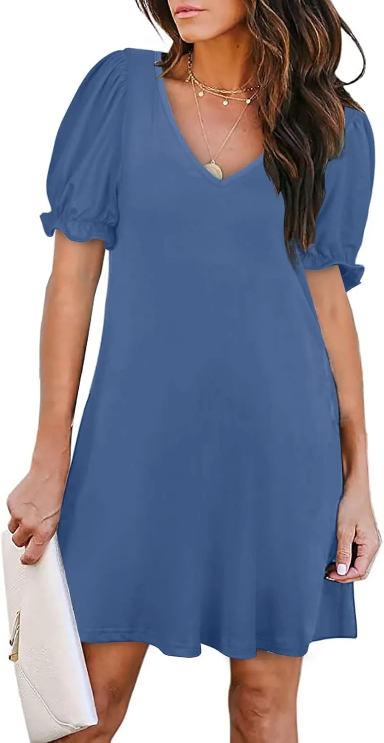 Aloodor Women's Casual Dresses Short Sleeve V-Neck Dress with Pockets