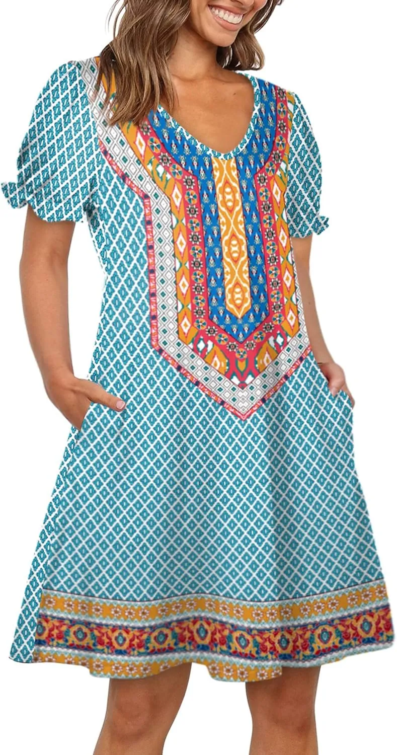 Aloodor Women's Casual Dresses Short Sleeve V-Neck Dress with Pockets