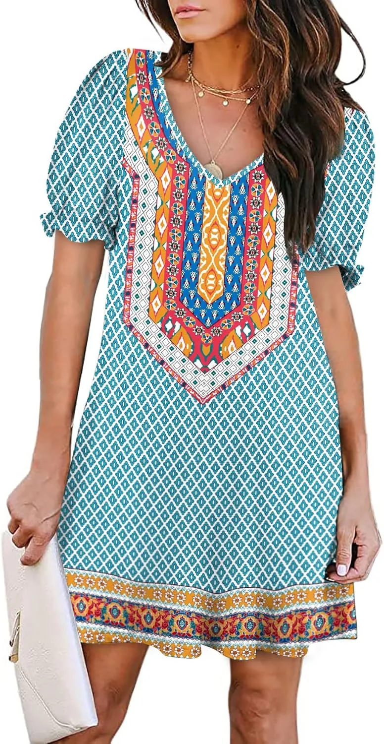 Aloodor Women's Casual Dresses Short Sleeve V-Neck Dress with Pockets