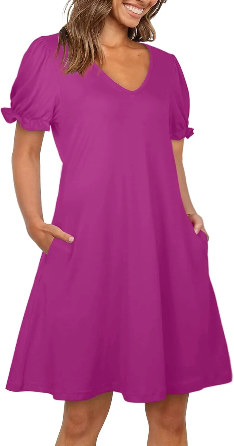 Aloodor Women's Casual Dresses Short Sleeve V-Neck Dress with Pockets