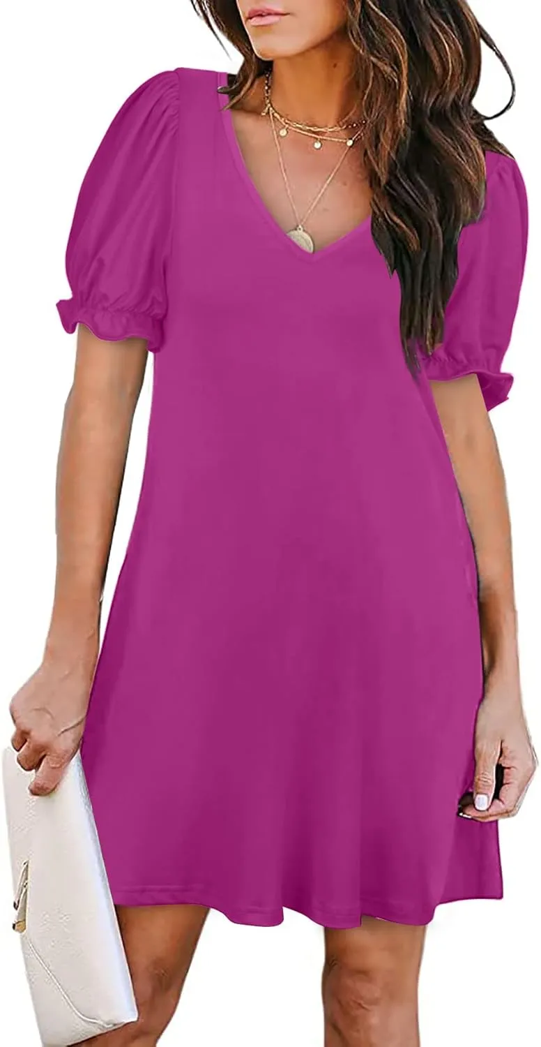 Aloodor Women's Casual Dresses Short Sleeve V-Neck Dress with Pockets