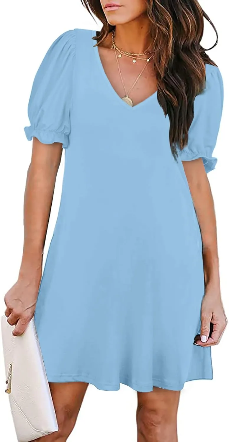 Aloodor Women's Casual Dresses Short Sleeve V-Neck Dress with Pockets