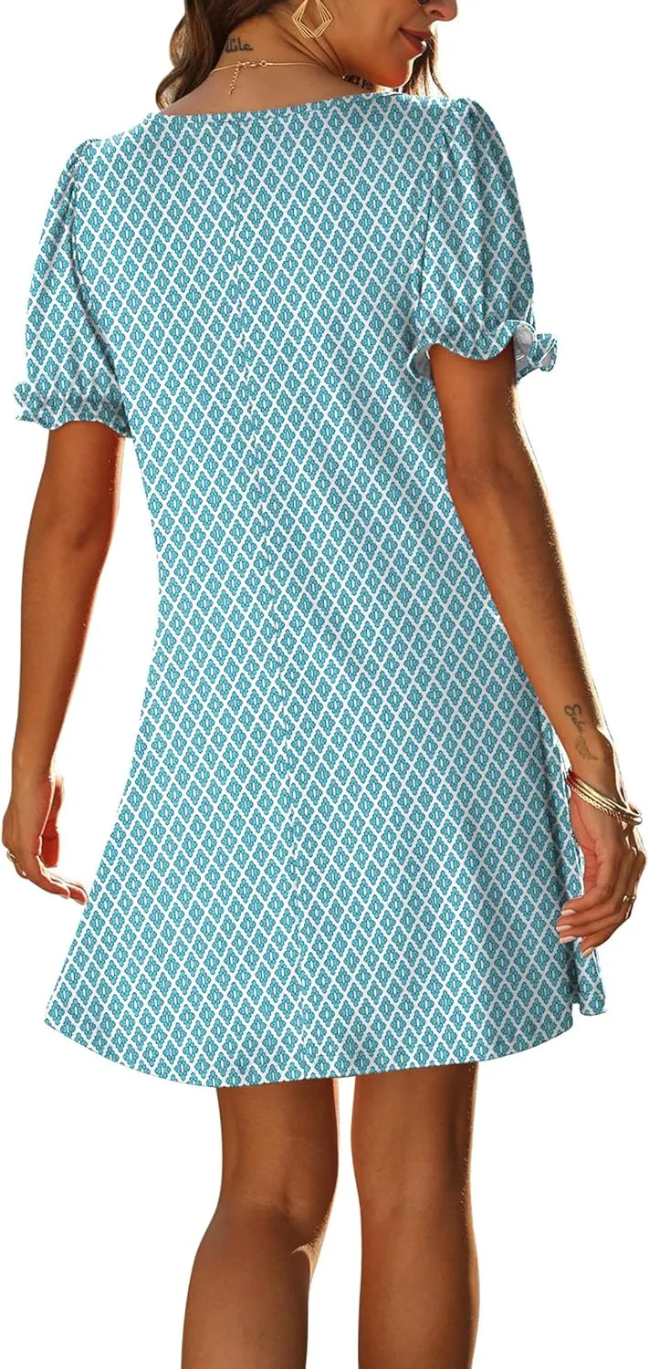 Aloodor Women's Casual Dresses Short Sleeve V-Neck Dress with Pockets