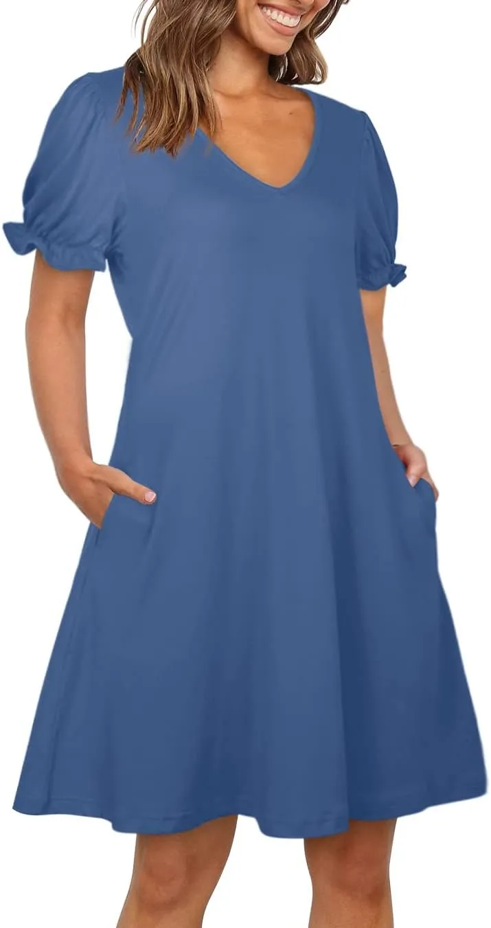 Aloodor Women's Casual Dresses Short Sleeve V-Neck Dress with Pockets