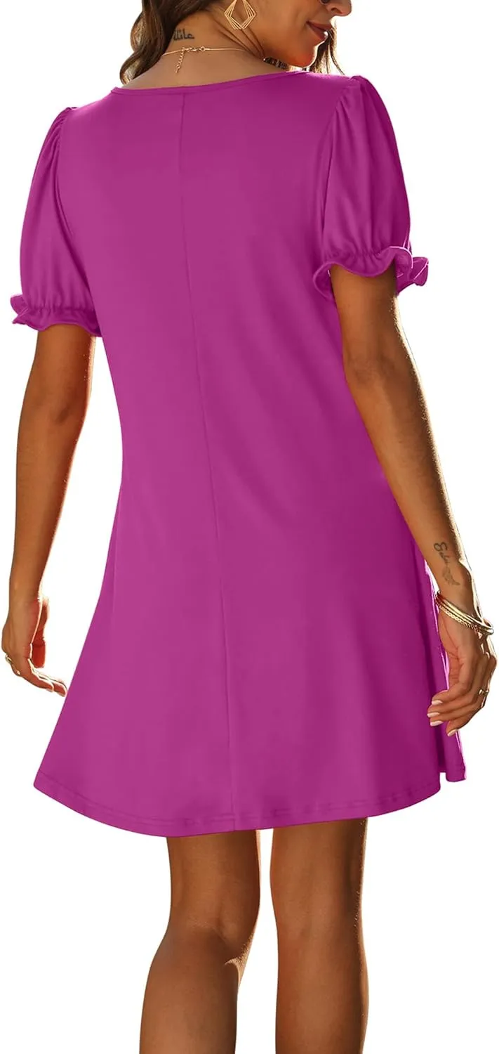 Aloodor Women's Casual Dresses Short Sleeve V-Neck Dress with Pockets