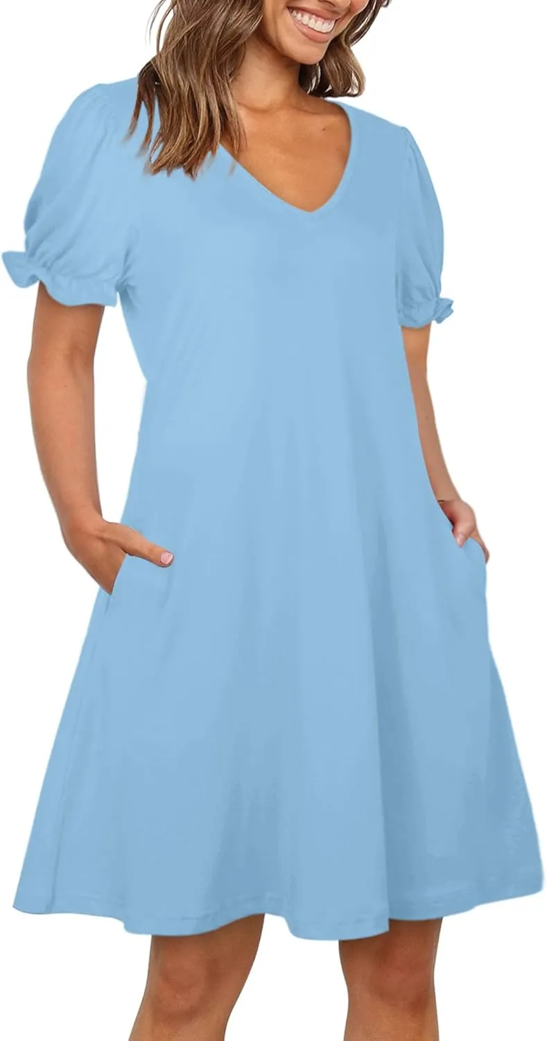 Aloodor Women's Casual Dresses Short Sleeve V-Neck Dress with Pockets