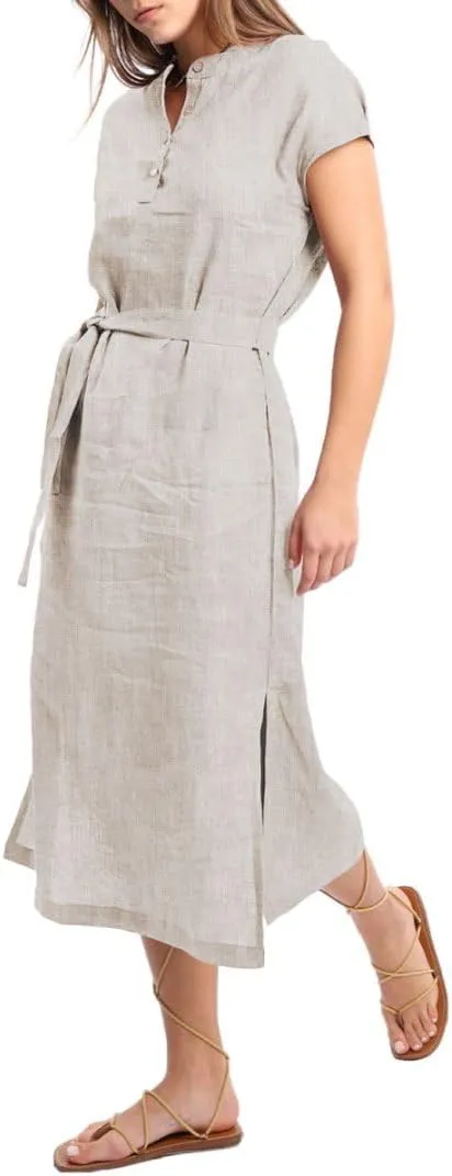 Amazhiyu Women's 100% Linen Summer Banded Collar Button Midi Dresses with Slits Flax, Medium