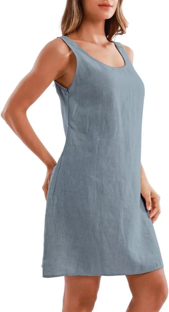 Amazhiyu Women's 100% Linen Summer Casual Sleeveless Midi Shift Tank Dresses