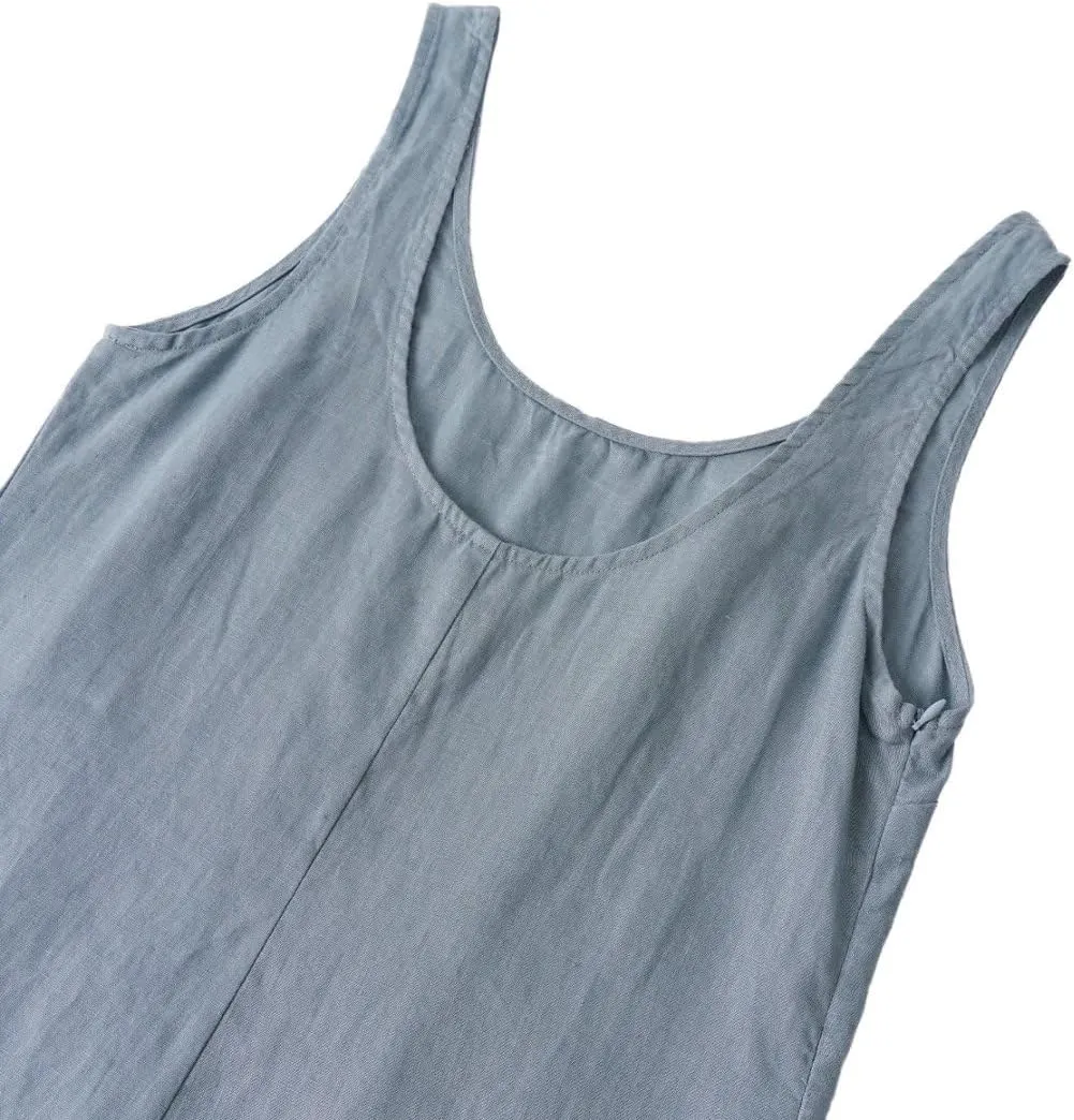 Amazhiyu Women's 100% Linen Summer Casual Sleeveless Midi Shift Tank Dresses