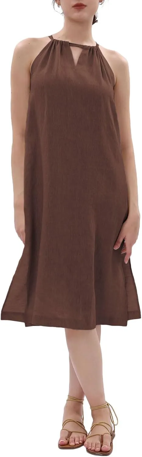 Amazhiyu Women's 100% Linen Summer Sleevelesss Halter Splits Midi Dresses Pockets Brown, Medium