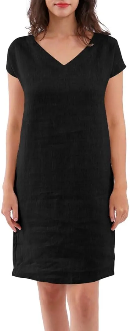 Amazhiyu Women's 100% Linen Summer V Neck Short Sleeve Shift Midi Dresses Pocket