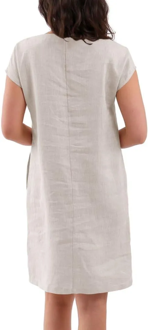 Amazhiyu Women's 100% Linen Summer V Neck Short Sleeve Shift Midi Dresses Pocket