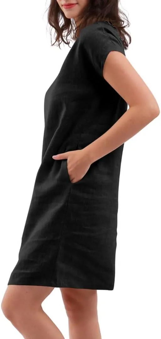 Amazhiyu Women's 100% Linen Summer V Neck Short Sleeve Shift Midi Dresses Pocket