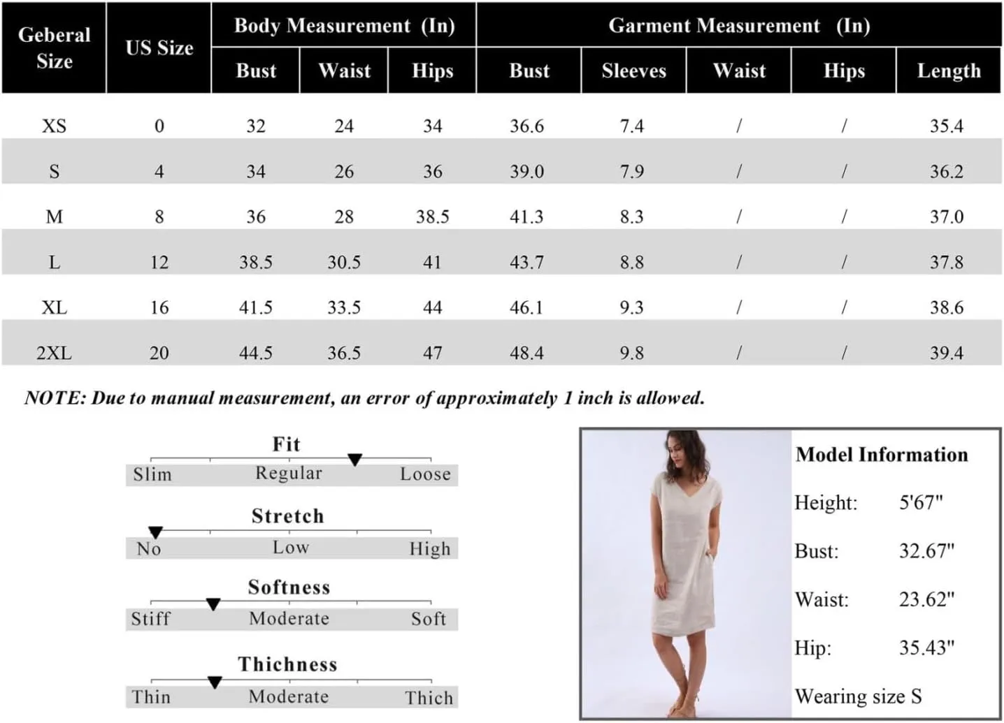 Amazhiyu Women's 100% Linen Summer V Neck Short Sleeve Shift Midi Dresses Pocket
