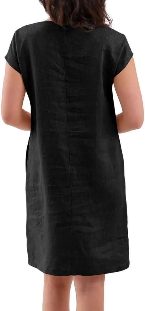 Amazhiyu Women's 100% Linen Summer V Neck Short Sleeve Shift Midi Dresses Pocket