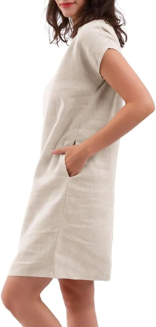 Amazhiyu Women's 100% Linen Summer V Neck Short Sleeve Shift Midi Dresses Pocket